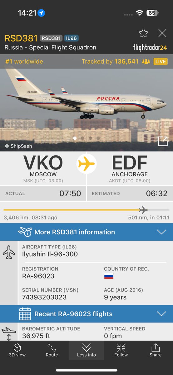BatesonOliver's tweet photo. Russian President Vladimir Putin is now over Alaska en route to his meeting in Anchorage with the US President. 

This flight is already at 136,541 viewers LIVE! https://t.co/8FQRi2CWiD