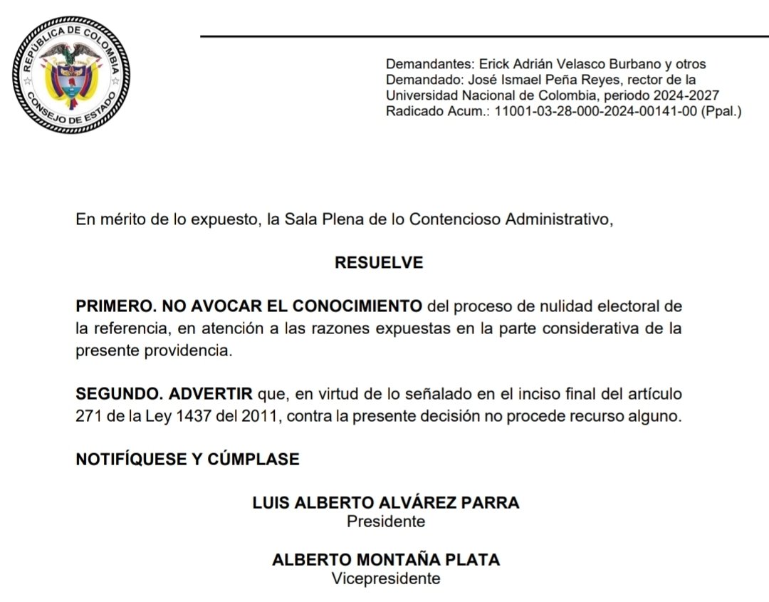 Nueva derrota jurídica ante las vergonzosas acciones dilatorias del CSU de <a href="/UNALOficial/">Universidad Nacional de Colombia</a> en los procesos de nulidad de designación de rector. Ya se les acabaron todos los recursos (al menos los legales). Esperemos pronto fallo de <a href="/consejodeestado/">Consejo de Estado</a> que deberá ser respetado.