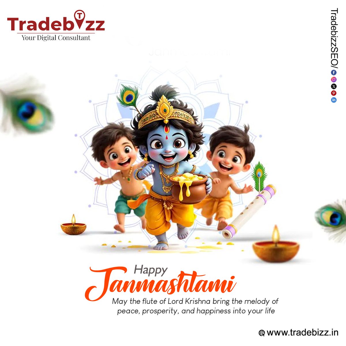 TradeBizSEO's tweet photo. "Let the divine tunes of Lord Krishna’s flute fill your life with peace, joy, and prosperity.
✨ Wishing you and your loved ones a blissful and blessed Sri Krishna Janmashtami! 🙏💛

#Janmashtami #KrishnaJanmashtami #HappyJanmashtami #LordKrishna #MakhanChor #NandLal #Vasudev https://t.co/7T8F4cH8ih