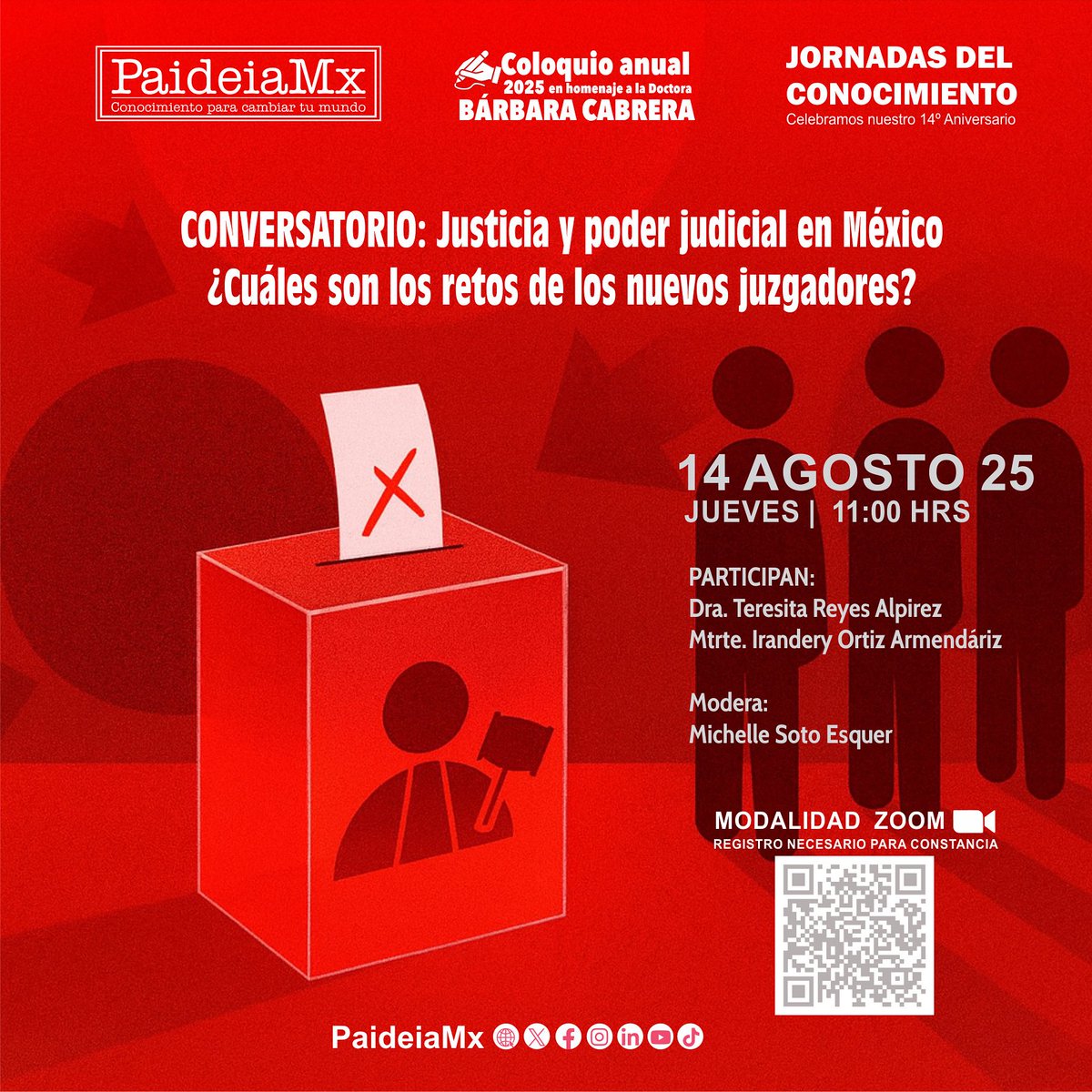 Te invitamos a las “Jornadas del Conocimiento” participa en el Conversatorio: “Justicia y poder judicial en México ¿Cuáles son los retos de los nuevos juzgadores?” 
🎟 Registro necesario para obtener constancia de asistencia .
 👉  forms.gle/k9SLREVWuDSfXd…