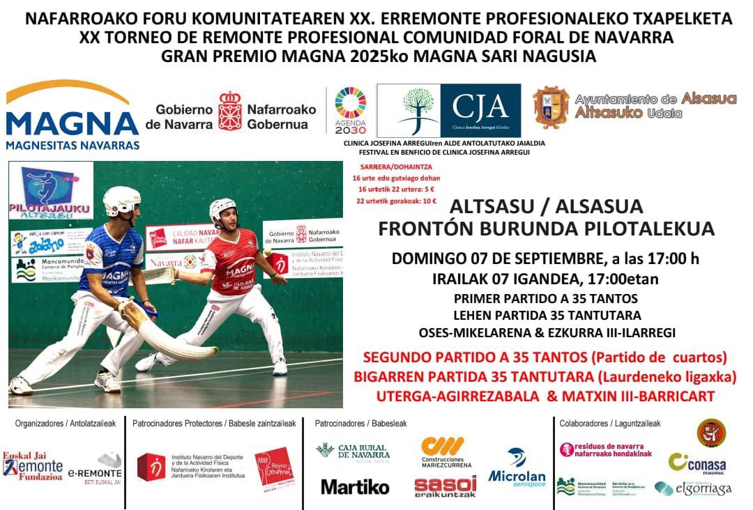 💚 Kirolak ere zaintzen du 🎾 Irailaren 7an, Altsasun: Remonte Profesionalaren XX. Txapelketa. Bi partida jokatuko dira. Bildutakoaren zati bat gure Klinikaren alde izango da.

🕔 17:00 | Burunda pilotalekua | Sarrerak 5 €-tik aurrera
#Psikogeriatria #Dementzia