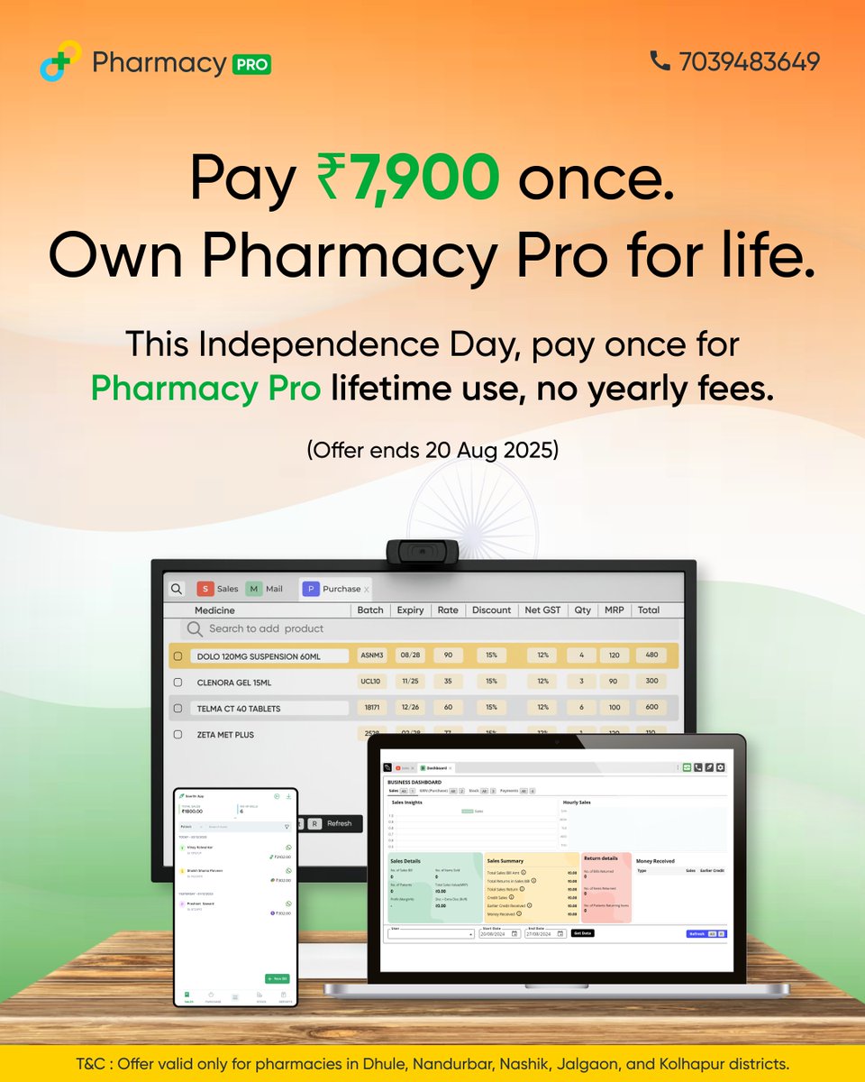 Pharmacy_Pro_'s tweet photo. Pay ₹7,900 once. Own Pharmacy Pro forever. 
This Independence Day🇮🇳: no yearly renewals, no hidden fees.

Offer till 20 Aug 2025 | 

Offer valid only for pharmacies in Dhule, Nandurbar, Nashik, Jalgaon, and Kolhapur districts.

https://t.co/0dSf9jsb6d https://t.co/NUGmc9t9zB
