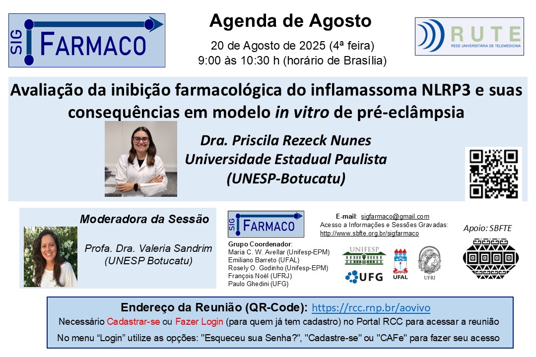 No dia 20 de agosto (quarta-feira) acontece a webconferência "Avaliação da inibição farmacológica do inflamassoma NLRP3 e suas consequências em modelo in vitro de pré-eclâmpsia'', das 9h às 10h30. 

Participe e compartilhe com seus colegas!

Saiba mais: bit.ly/45OFhXY