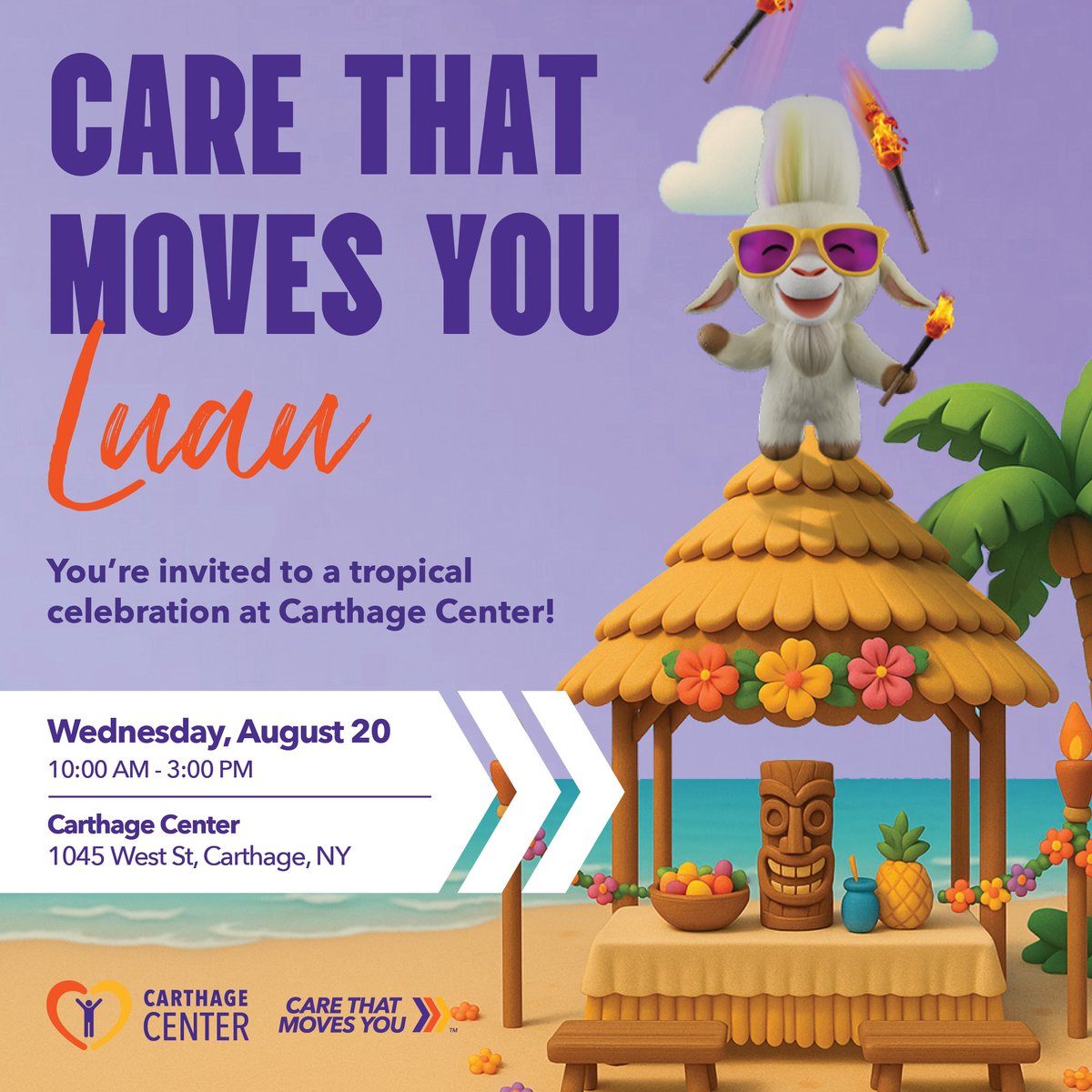 CentersHealth's tweet image. 🌺 Join us for a tropical Luau at Carthage Center!
🎉 Food, music, games &amp;amp; fire juggling fun! Wednesday, August 20 | 🕙 10AM–3PM 📍 1045 West St, Carthage, NY #CareThatMovesYou #CarthageCenter #LuauParty #CommunityFun