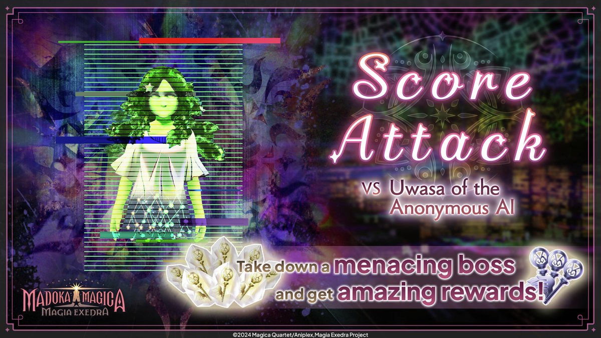 madoka_exedraEN's tweet photo. ━━━━━━━━━━━
Score Attack
VS Uwasa of the Anonymous AI
━━━━━━━━━━━
Reach scores to earn "Prism Cores," "Prism Orbs," "Heartsand," and "5★ Kioku Guaranteed Magia Key Shards"!

From 8/15 (Fri) 12:00 (UTC+9)!

#madoka_exedra https://t.co/4yFpO6zNcw