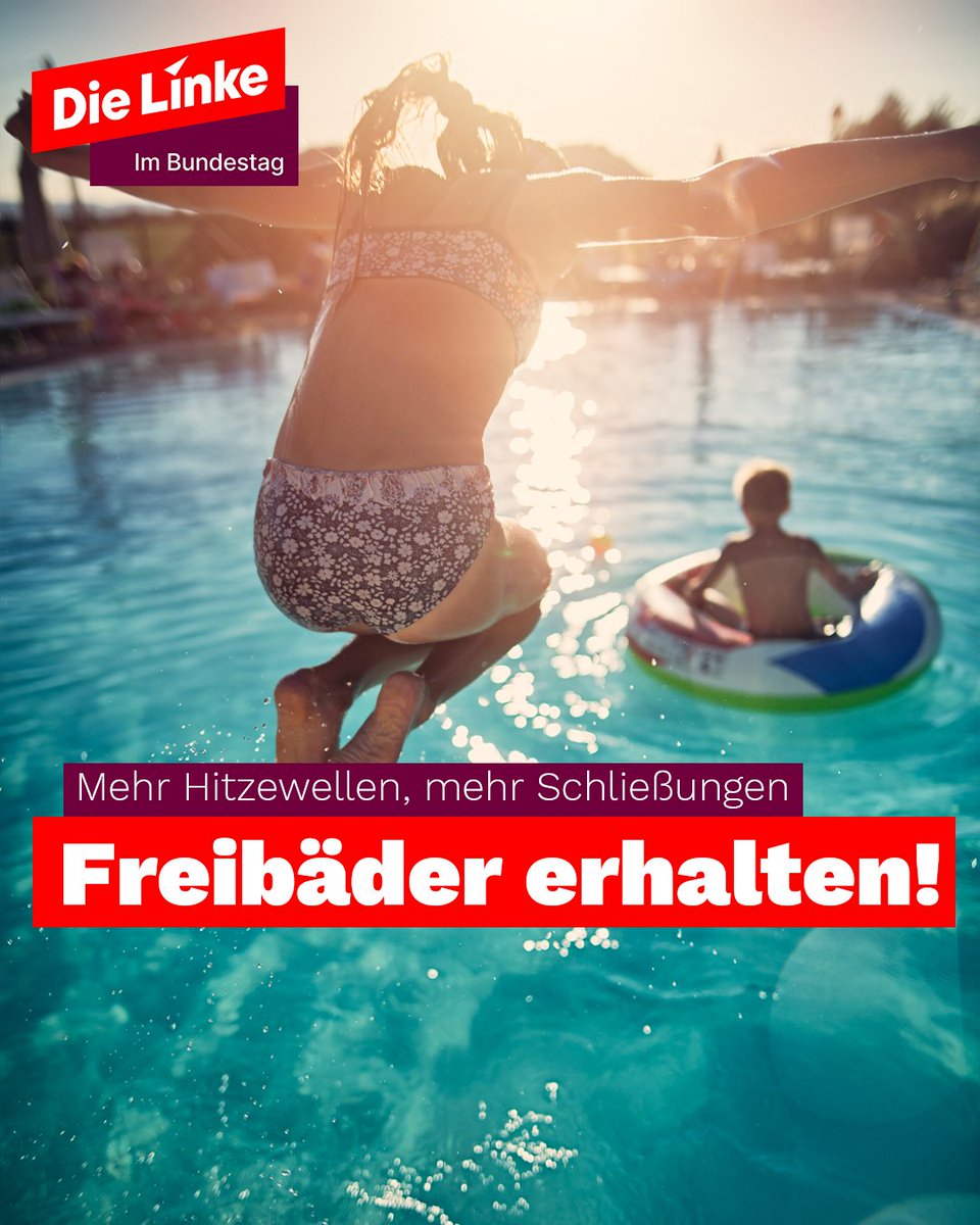 Die Linke im Bundestag (@dielinkebt) on Twitter photo In Deutschland verfallen tausende Freibäder – viele stehen vor der Schließung. Dabei werden Hitzewellen häufiger, und immer mehr Kinder können nicht schwimmen.
Städte und Gemeinden brauchen Unterstützung, damit sie die Bäder weiter bezahlen können. 
Wie ist die Freibadsituation In Deutschland verfallen tausende Freibäder – viele stehen vor der Schließung. Dabei werden Hitzewellen häufiger, und immer mehr Kinder können nicht schwimmen.
Städte und Gemeinden brauchen Unterstützung, damit sie die Bäder weiter bezahlen können. 
Wie ist die Freibadsituation