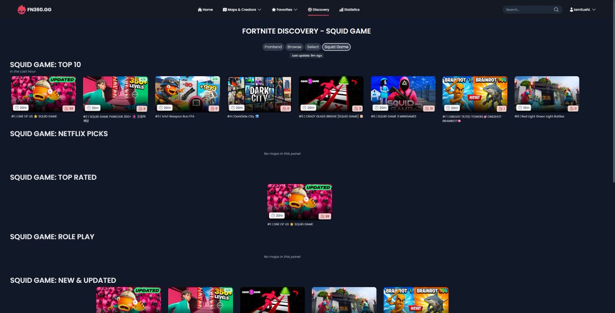 Squid Game in Fortnite Discovery is LIVE

Tabs:
- Top 10
- Netflix Picks
- Top Rated
- Role Play
- New &amp; Updated
- Party Games
- More Islands

#FNCreate #UEFN