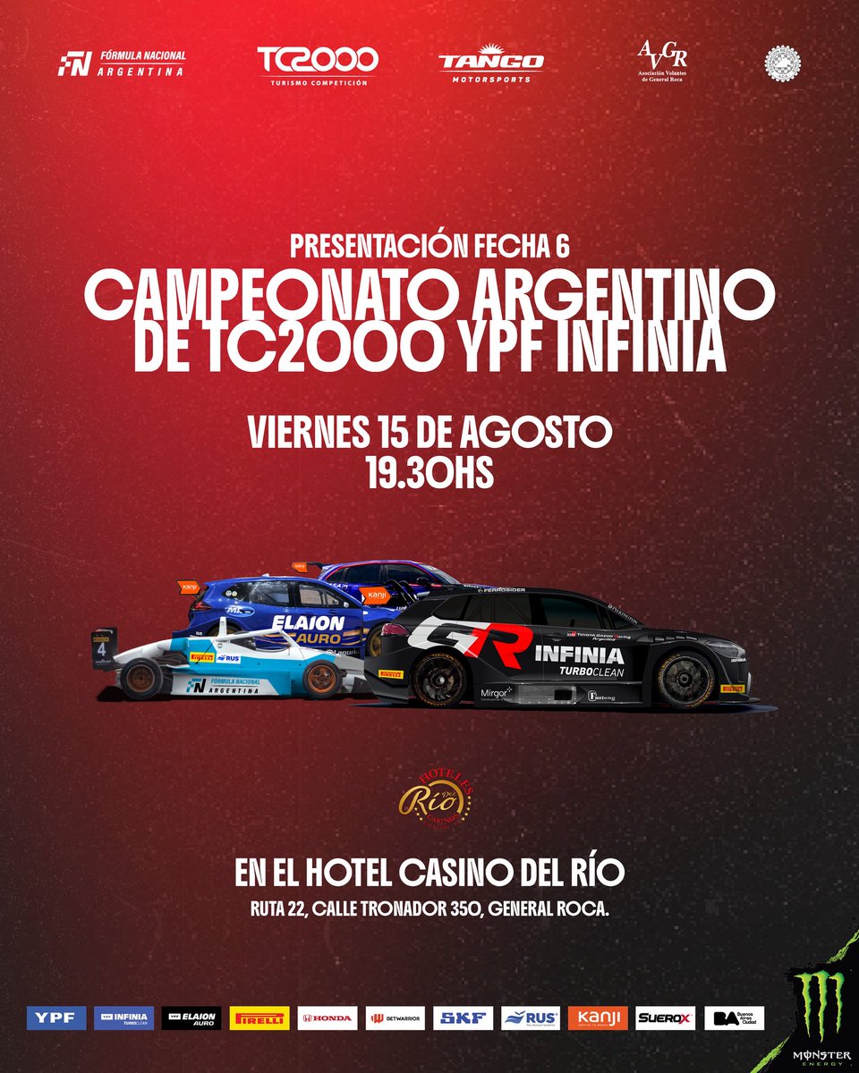 EVENTO LANZAMIENTO 🏁🙌⚡️

Se viene la 6º fecha del 46º Campeonato Argentino de TC2000 YPF INFINIA y de la Copa Rookie Latam, en el histórico Autódromo Parque Ciudad de General Roca, Río Negro, junto a la 6º fecha del Campeonato Argentino de Fórmula Nacional.

#estoestc2000