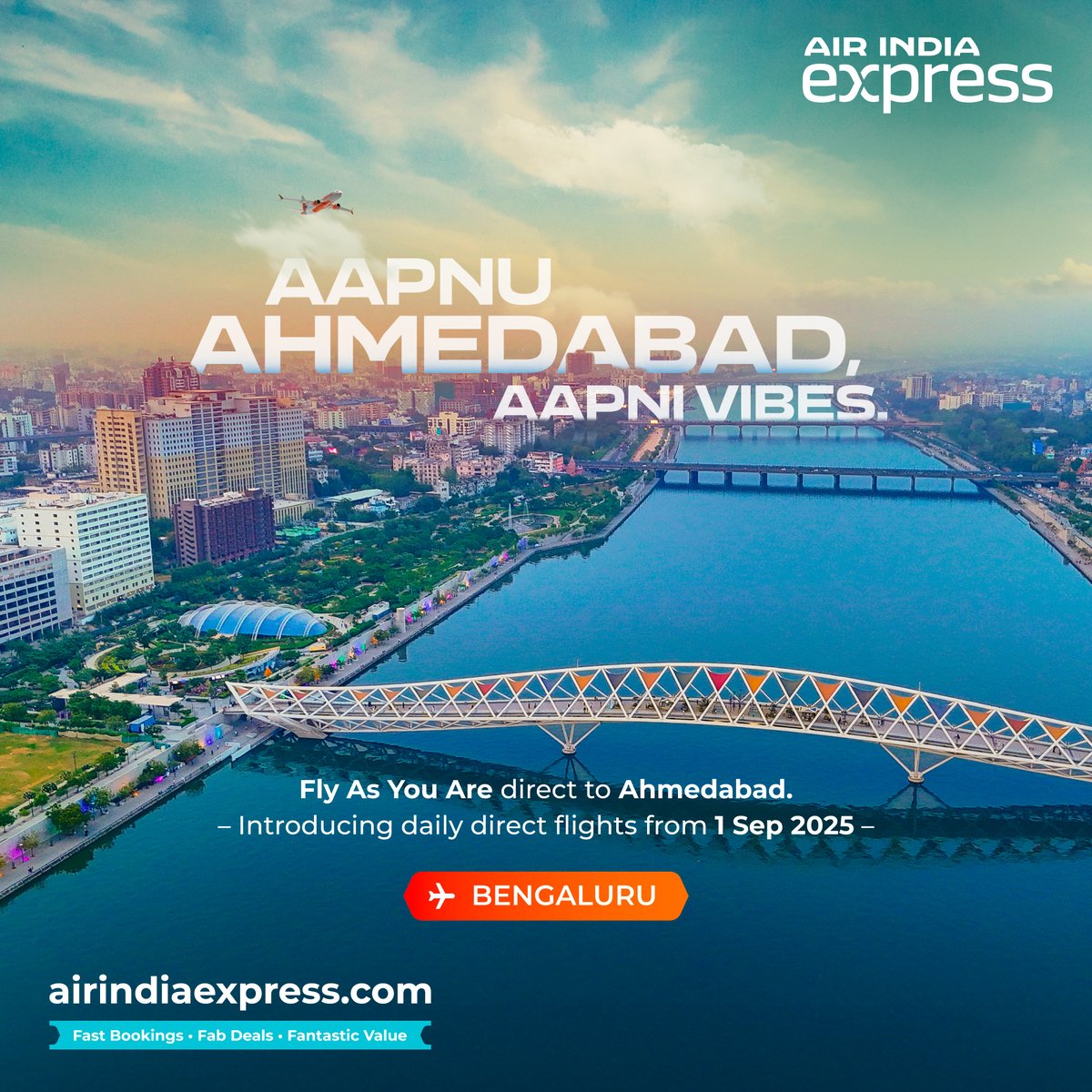 Air India Express (@airindiax) on Twitter photo Bengaluru thi Ahmedabad, Ekdum Easy. Introducing daily direct flights between Ahmedabad and Bengaluru from 1 Sep 2025. Savour our wide range of Hot Meals, pre-book upto 12 hrs before your flight, and enjoy the #WarmthOfDiversity. Book now on airindiaexpress.com for Bengaluru thi Ahmedabad, Ekdum Easy. Introducing daily direct flights between Ahmedabad and Bengaluru from 1 Sep 2025. Savour our wide range of Hot Meals, pre-book upto 12 hrs before your flight, and enjoy the #WarmthOfDiversity. Book now on airindiaexpress.com for