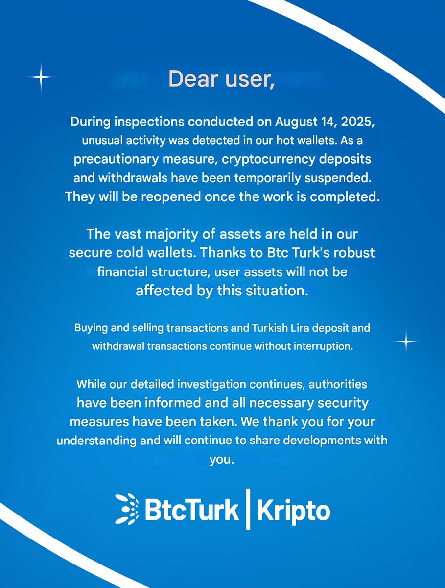 JUST IN: 🇹🇷 Turkish crypto exchange BtcTurk hacked for $48 million, crypto  deposits and withdrawals temporarily suspended. (h/t @CyversAlerts)