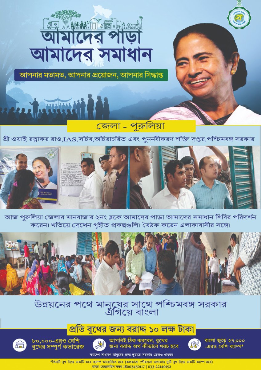 শ্রী ওয়াই রত্নাকর রাও,IAS,  সচিব, অচিরাচরিত এবং পুনর্নবীকরণ শক্তি দপ্তর, পশ্চিমবঙ্গ সরকার, আজ পুরুলিয়া জেলার মানবাজার ২ ব্লকে আমাদের পাড়া আমাদের সমাধান শিবির পরিদর্শন করেন। খতিয়ে দেখেন গৃহীত প্রকল্পগুলি। বৈঠক করেন এলাকাবাসীর সঙ্গে।
এগিয়ে বাংলা।
<a href="/DM_Purulia/">District Magistrate Purulia</a> 
<a href="/egiye_bangla/">Egiye Bangla</a>