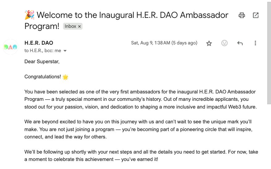 anishashabnamm | Token2049 🇦🇪 (@idkshabnam) on Twitter photo I am a <a href="/_HerDAO/">H.E.R. DAO @ H.E.R. DAO HACKERHOUSE w/ ETH ACCRA</a> ambassador now!
But, why did I want to become one?
H.E.R. DAO has been supporting women in Web3 for the longest time with actual direction and support that they need.
And H.E.R DAO's promise to making Web3 an inclusive space goes along with my passion for I am a <a href="/_HerDAO/">H.E.R. DAO @ H.E.R. DAO HACKERHOUSE w/ ETH ACCRA</a> ambassador now!
But, why did I want to become one?
H.E.R. DAO has been supporting women in Web3 for the longest time with actual direction and support that they need.
And H.E.R DAO's promise to making Web3 an inclusive space goes along with my passion for