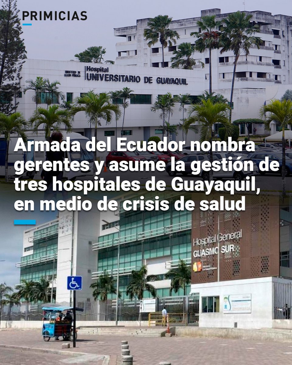 La Armada nombró a los tres gerentes que se harán cargo de la gestión de los hospitales Guasmo Sur, Monte Sinaí y General Universitario, en Guayaquil.  prim.ec/VEXg50WFZe3