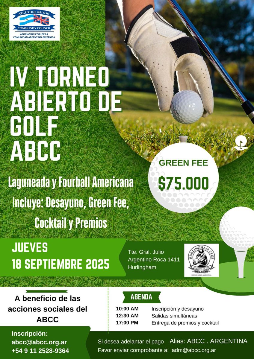 🏌️‍♂️ Torneo Abierto de Golf ABCC – 4.ª edición

Llega una nueva edición de este clásico encuentro deportivo, que reúne a la comunidad para disfrutar de un día de golf y apoyar las acciones sociales de la Asociación Civil de la Comunidad Argentino-Británica (ABCC).