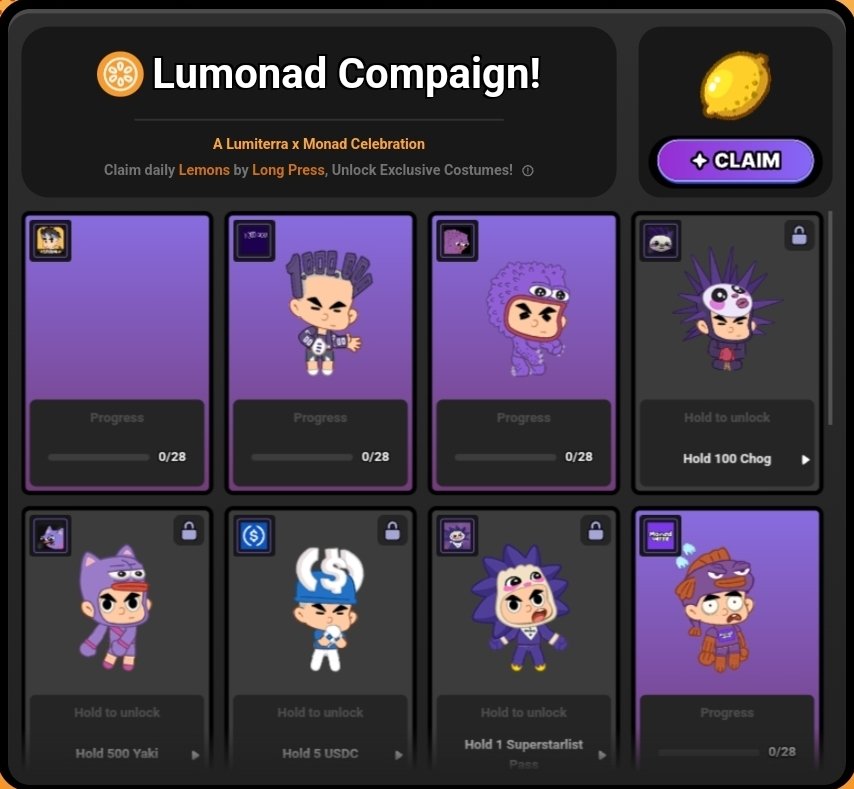 wyckoffweb's tweet photo. [Monad Testnet Interaction]
How to Interact with Lumiterra on Monad

@LumiterraGame is the first agentic interactive multiplayer sandbox, and they just launched the Lumonad Campaign on monad testnet.

Here’s your Guide to get started:

✅ Join the Campaign
• Go to: https://t.co/iLqmm5v4AG
• Connect your wallet
• Claim 1 Lemon/day (soulbound NFT)
• Click "Claim your Costumes"

✅ Earn & Unlock Costumes
Every Lemon earn you +1 progress toward exclusive Lumiterra costumes.

Some costumes require you to hold specific Monad ecosystem testnet assets:

• Lumiterra Lemon Skin: Free for everyone
• 1 Million Nads Skin: Hold 1M Nads NFT
• USD Coin Skin: Hold 5 USDC
• Molandak Skin: Hold 5 Dak
• Chog Skin: Hold 100 Chog
• Moyaki Skin: Hold 500 Yaki
• Monadverse Skin: Hold Chapter 1 Monadverse NFT

✅ Boost Your Progress
You can grab any of those testnet tokens from any exchange to unlock more costumes faster.

Tip: Log in daily to keep stacking Lemons and don’t miss your exclusive skins.