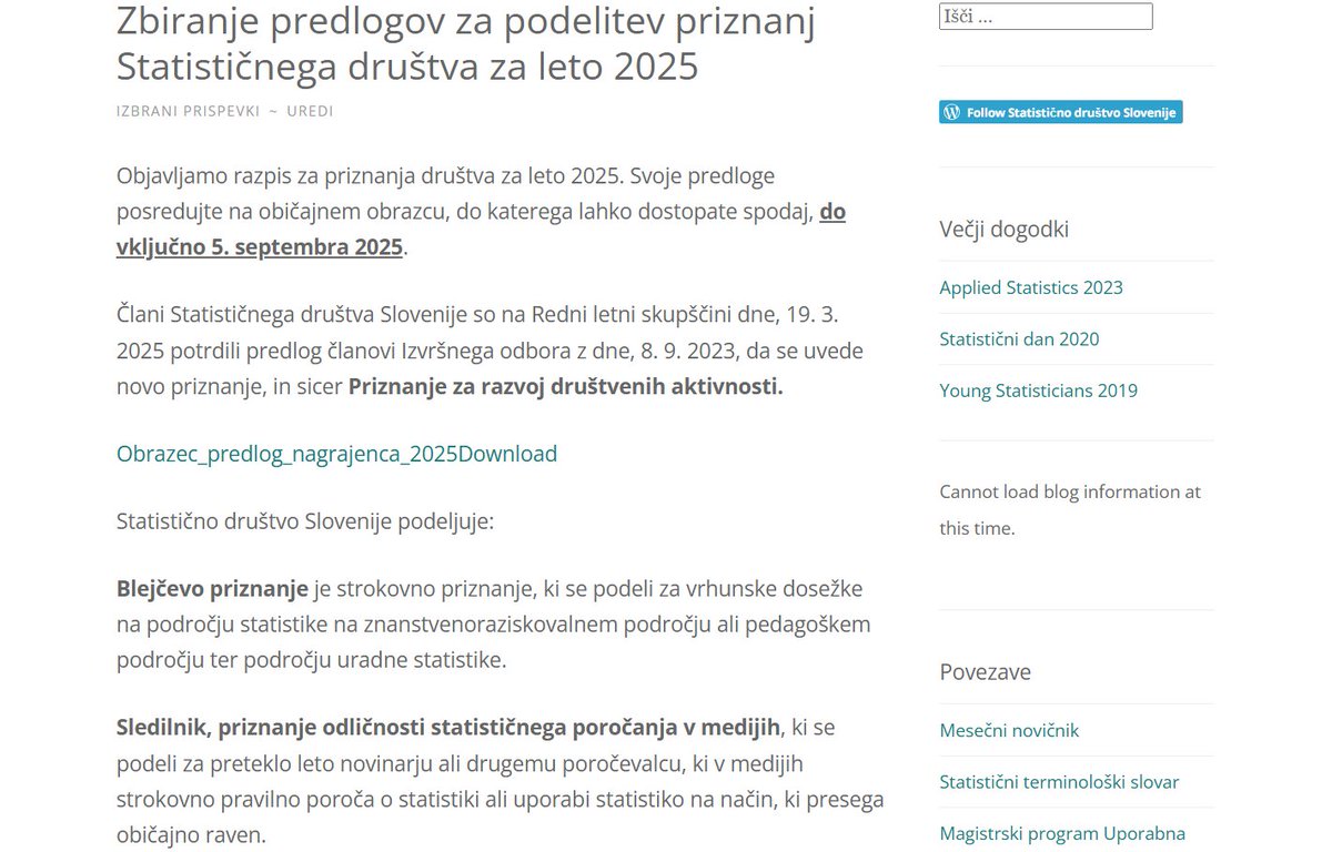 ms_statd's tweet photo. Odprt je poziv za Zbiranje predlogov za podelitev priznanj Statističnega društva za leto 2025.

Svoje predloge nam posredujte do vključno 5. septembra 2025.

https://t.co/BPbWHMuGGx https://t.co/lfSEl3FEnp