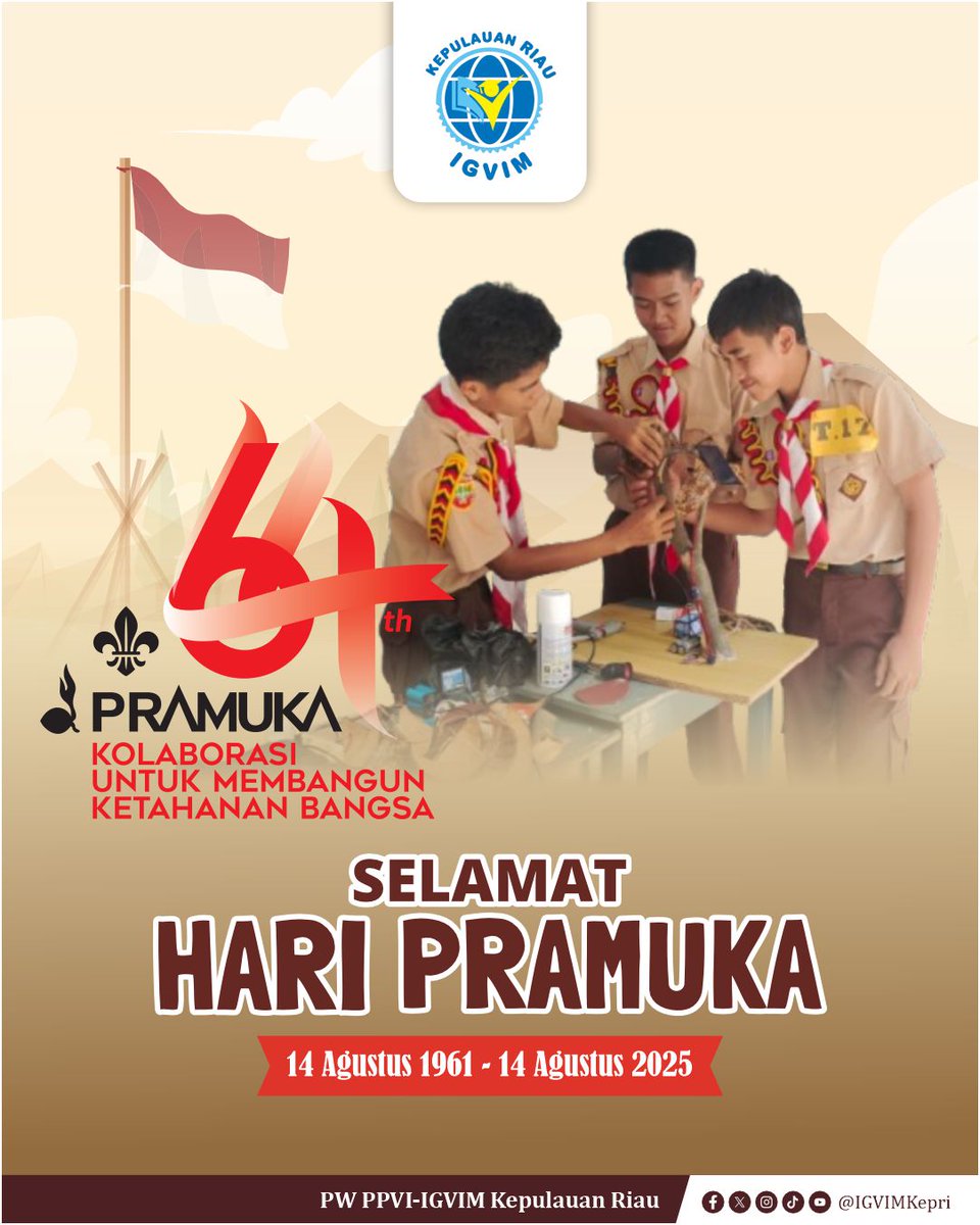 IGVIMKepri's tweet photo. Selamat Hari Pramuka ke-64
Dengan semangat kepanduan, mari kita wujudkan generasi yang cerdas, terampil, dan berkarakter, menuju masa depan bangsa yang gemilang.

#SMKBisaSMKHebat
#VokasiKuatMenguatkanIndonesia
#GerakanKepanduanSMK 
#HariPramuka
#PPVI-IGVIM 
#IGVIM https://t.co/1fxnjQp6xx