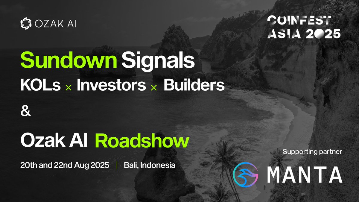 Ozak AI (@ozakagi) on Twitter photo 🚀 Sundown Signals x Ozak AI Roadshow - now super-charged by zero-knowledge muscle 🚀
We’re thrilled to welcome <a href="/MantaNetwork/">Manta Network (🔱,🔱)</a> as a partner for both of our Coinfest Asia 2025 happenings in Bali:
👉 Sundown Signals (20 Aug, 8 PM) - lu.ma/sundownbali
👉 Ozak AI Roadshow (22 🚀 Sundown Signals x Ozak AI Roadshow - now super-charged by zero-knowledge muscle 🚀
We’re thrilled to welcome <a href="/MantaNetwork/">Manta Network (🔱,🔱)</a> as a partner for both of our Coinfest Asia 2025 happenings in Bali:
👉 Sundown Signals (20 Aug, 8 PM) - lu.ma/sundownbali
👉 Ozak AI Roadshow (22