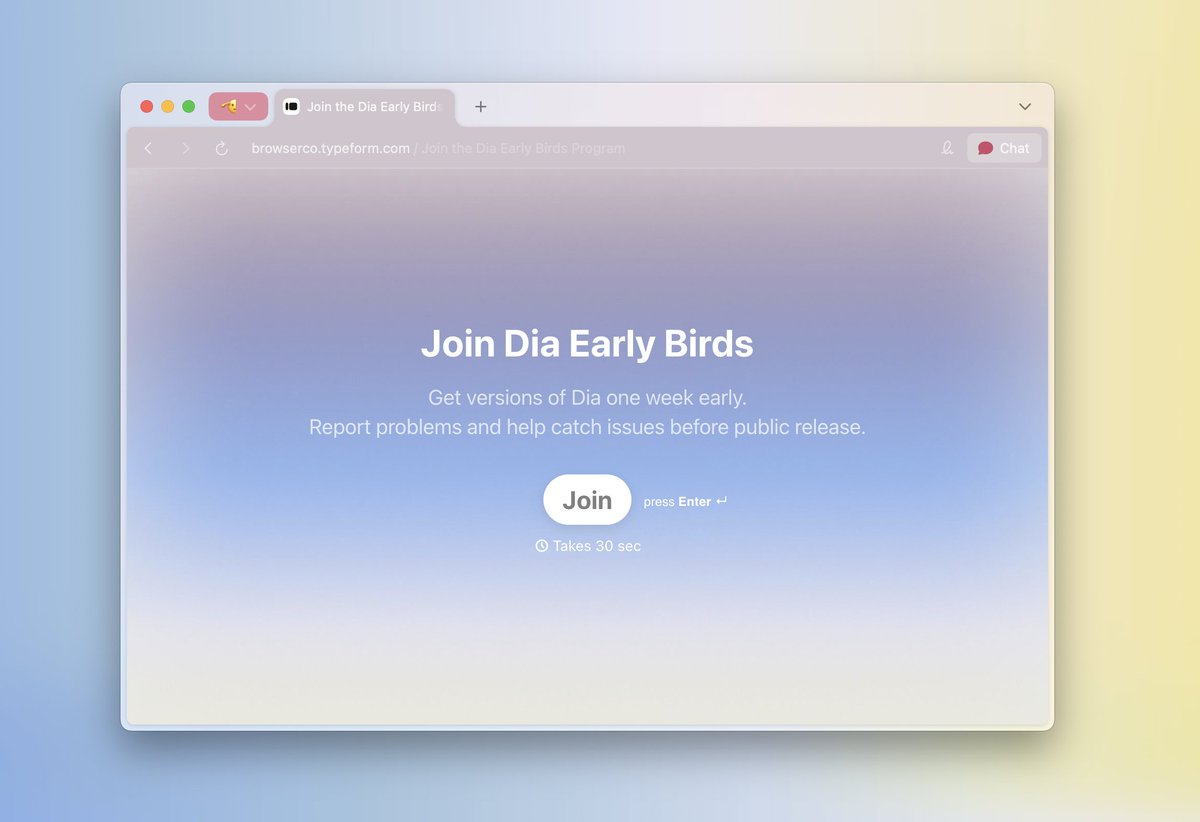 Want to try new Dia features before anyone else?
Become a Dia Early Bird for new app versions one week early and a chance to help squash bugs.
If this sounds like your jam, sign up here.
browserco.typeform.com/to/ukTpVjIv