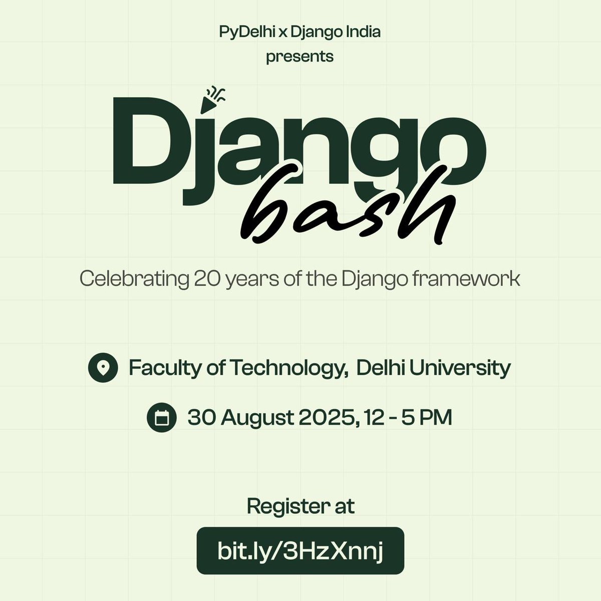 PyDelhi's tweet image. 🎉 PyDelhi x Django India presents Django Bash – celebrating 20 years of Django! 🐍
📅 30 Aug 2025 | 🕒 12–5 PM
📍 Faculty of Technology, Delhi University
A day of Django talks, networking & community fun. Don’t miss it!
🔗 bit.ly/3HzXnnj
#Django #Python #PyDelhi #Meetup
