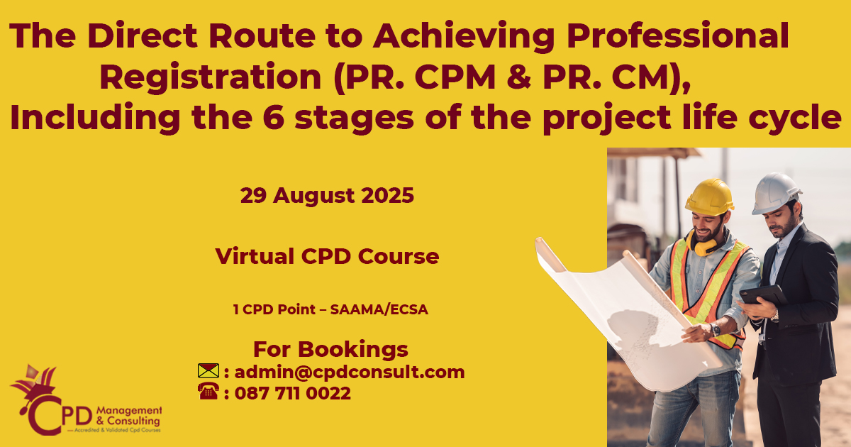 CpdManage's tweet image. This course will help candidates, who should ideally be registered as Professionals, to understand and navigate their way to achieve Professional registration as competent Pr. CPM and or Pr. CM with SACPCMP. #fypシ  #CPDAccredited #Construction #hybrid #ProfessionalRegistration