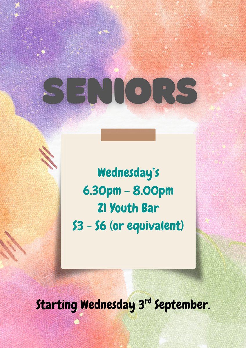 Seniors is baaaaaack!

Starting on Wednesday 3rd September, Seniors will be back for young people S3 - S6 (or equivalent) from 6.30pm - 8.00pm @ Z1 Youth Bar.

Seniors is a time for our older young people to chill, do their own thing and make Z1 Youth Bar their space 🤩 #TeamGYT