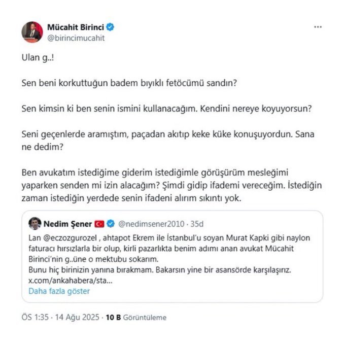Özgür Özel, Akp lağımını patlatmıştır

Üsluba bakılırsa, Mücahit Birinci kim ise Nedim Şener de odur. Cem Küçük, Fuat Uğur da Akp içine yuvalanmış çetenin diğer kollarıdır

Özlem Çerçioğlu, nasıl bir foseptik çukuruna düştüğünü görsün, çünkü artık o bataklığın gülüdür
