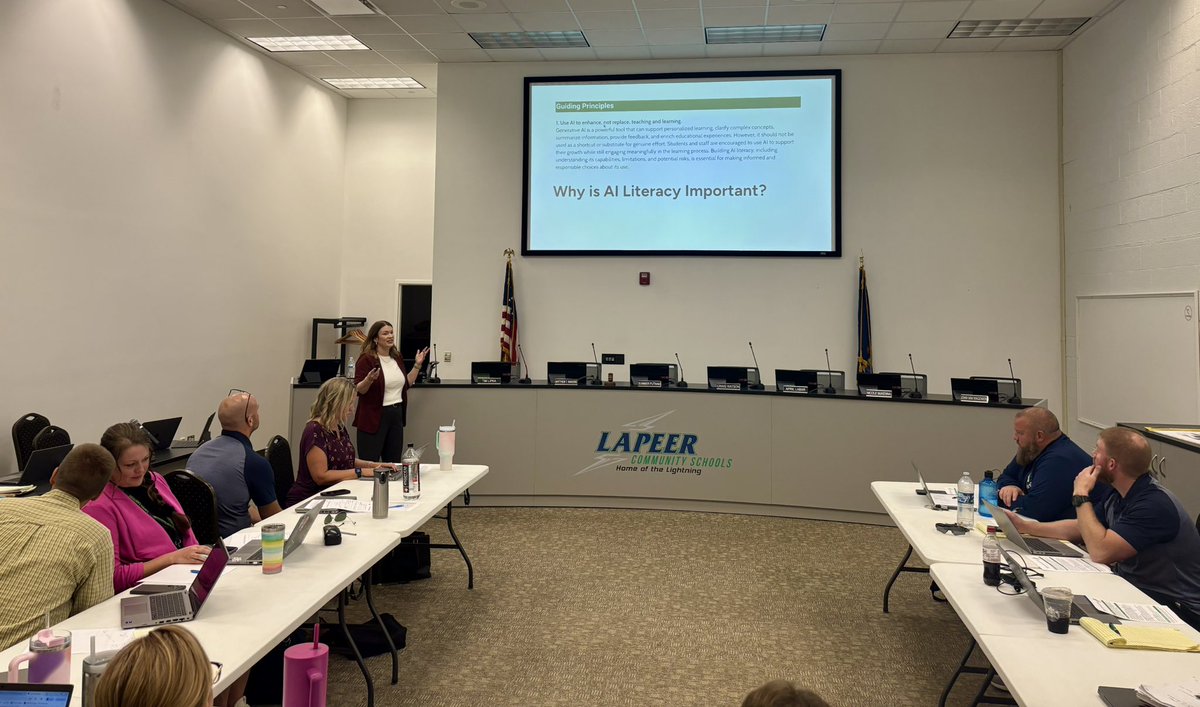 <a href="/CoachKarle/">Karle Delo</a> from <a href="/MichiganVirtual/">Michigan Virtual</a> joined our district leadership admin PLC as we update our AI policy and continue to grow as learners of AI in education. ⚡️⬆️ <a href="/Lapeer_HS/">Lapeer High School</a> #HomeTeam #ChampionsMadeHere <a href="/massp/">Michigan Principals</a>