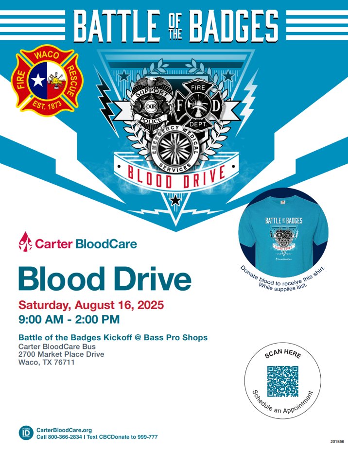 This year's <a href="/CarterBloodCare/">Carter BloodCare</a> Battle of the Badges blood drive kicks off this weekend. Please donate, as the blood supply in Central Texas is critically low. Donate on behalf of <a href="/WacoTXFire/">Waco Fire Department</a> !