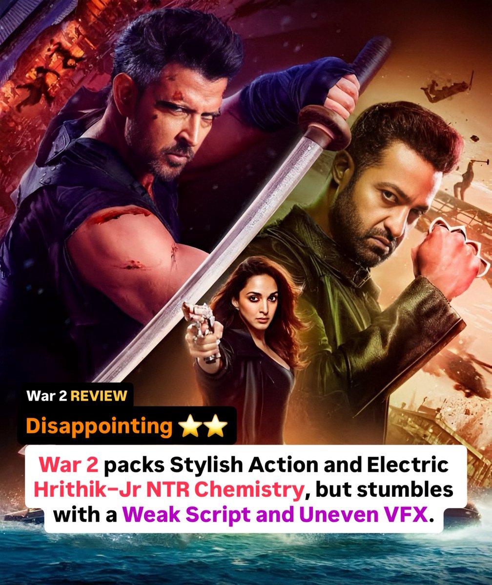 BollywoodKnocks's tweet photo. #War2 REVIEW ~ ⭐️⭐️

Disappointing! War 2 delivers on star power and initial thrills, but its weak script, overhyped expectations, and underwhelming VFX make it feel uneven overall. #War2Review #HrithikRoshan #JrNtr #KiaraAdvani https://t.co/MypFCjPGwc