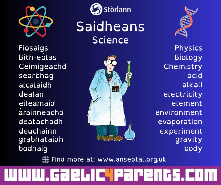 gaelic4parents's tweet photo. Saidheans - Science

Fiosaigs - Physics

Bith-eòlas - Biology

Ceimigeachd - Chemistry

searbhag - acid

alcalaidh - alkali

dealan - electricity

eileamaid - element

àrainneachd - environment

deatachadh - evaporation

deuchainn - experiment

grabhataidh - gravity

bodhaig - body

Find more at https://t.co/bjBo4j4HN5
#Science #saidheans #stemeducation