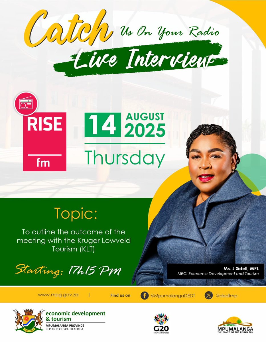 Mpumalanga Economic Development and Tourism (@dedtmp) on Twitter photo Please tune in to your favourite radio station Rise FM, to listen to MEC Jesta Sidell reflecting on tourism related matters.
<a href="/Mtpatourism/">Mpumalanga Tourism</a>
<a href="/RISEfm943/">RISE fm</a>
<a href="/RISEfmNEWS/">RISEfmNEWS</a> Please tune in to your favourite radio station Rise FM, to listen to MEC Jesta Sidell reflecting on tourism related matters.
<a href="/Mtpatourism/">Mpumalanga Tourism</a>
<a href="/RISEfm943/">RISE fm</a>
<a href="/RISEfmNEWS/">RISEfmNEWS</a>