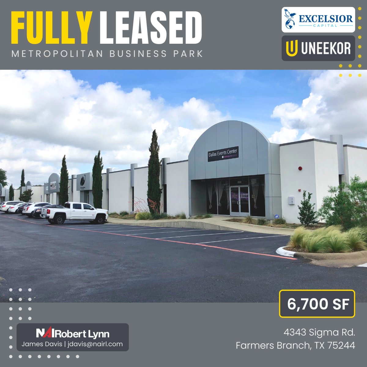 James Davis of our Office Division represented owner Excelsior Capital in the lease of 4343 Sigma Rd., Suite 400 (6,700 SF) to Uneekor, Inc.. This transaction brings the 66,385 SF Metropolitan Business Park to 100% occupancy.