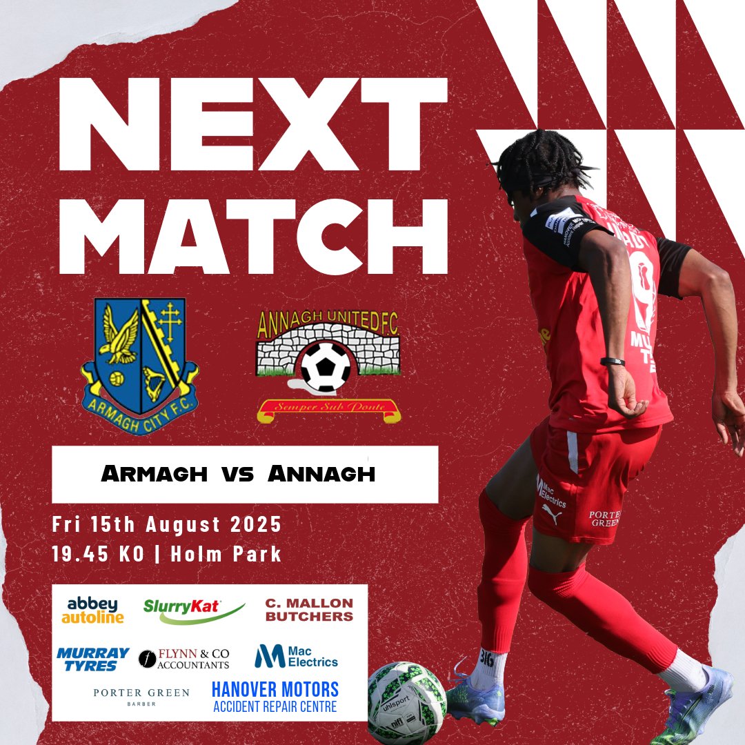 ⚽ 𝗙𝗿𝗶𝗱𝗮𝘆 𝗡𝗶𝗴𝗵𝘁 𝗟𝗶𝗴𝗵𝘁𝘀 ⚽

It's Game week 2️⃣, and we travel to face neighbours Armagh on Friday evening in the #PlayrFitChamp 🔵⚫

⚽ <a href="/armaghcityfc/">Armagh City FC</a>
📅 15/08/25
🏟️ Holm Park
⏰ 19.45 KO
🎟️ £10 / £7 conc

🔴⚪⚽