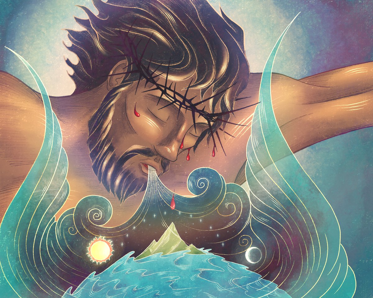 The Holy Breath that formed the skies,
And earth, and sea, and Man,
Pours from the lungs of Him who dies
In Love to live again. 
///
Verse picture number 1,097, based on Psalm 34:14-15