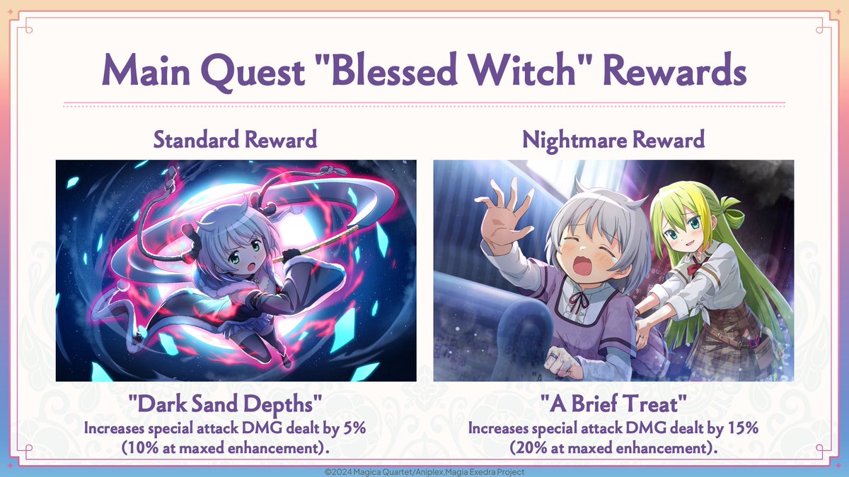 madoka_exedraEN's tweet photo. ━━━━━━━━━━━
Main Quest "Blessed Witch" Rewards
━━━━━━━━━━━
Clear all Main Quest modes (Standard, Battler, and Nightmare) & finish reading the story to get a total of 3,170 Magica Stones!✨

Plus, "Dark Sand Depths" & "A Brief Treat" portraits!

#PuellaMagiMadokaMagica #madoka_exedra