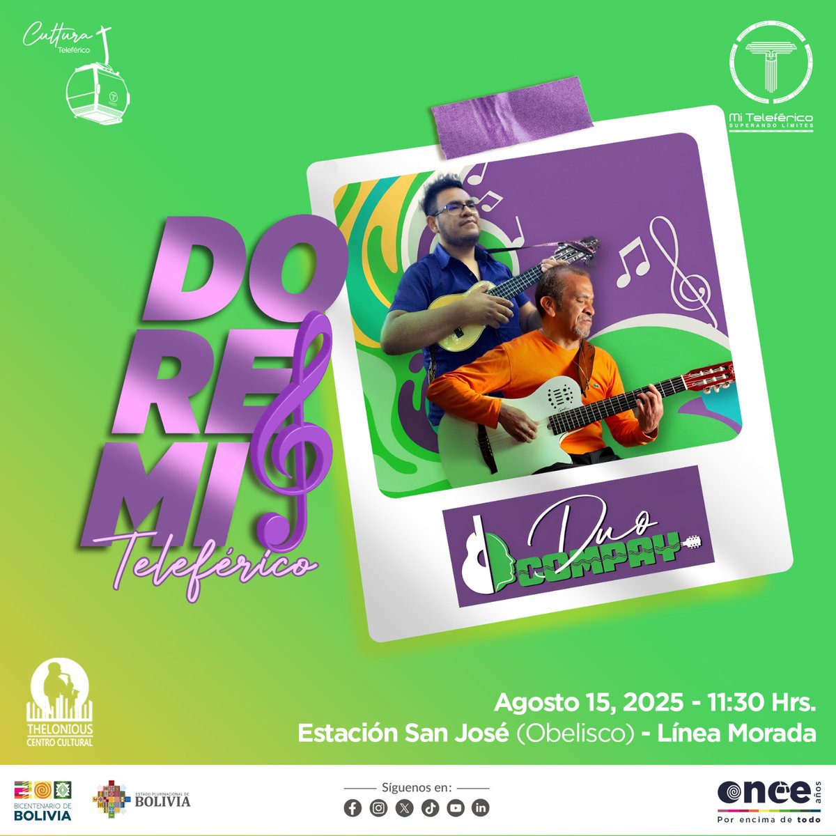 Disfruta de una jornada de música. Este viernes 15 de agosto, Mi Teleférico y el Centro Cultural Thelonious te traen el increíble talento del "Dúo Compay" en una presentación que no querrás perderte.

#DoReMiTeleférico 
#SuperandoLímites 
#BicentenarioDeBolivia