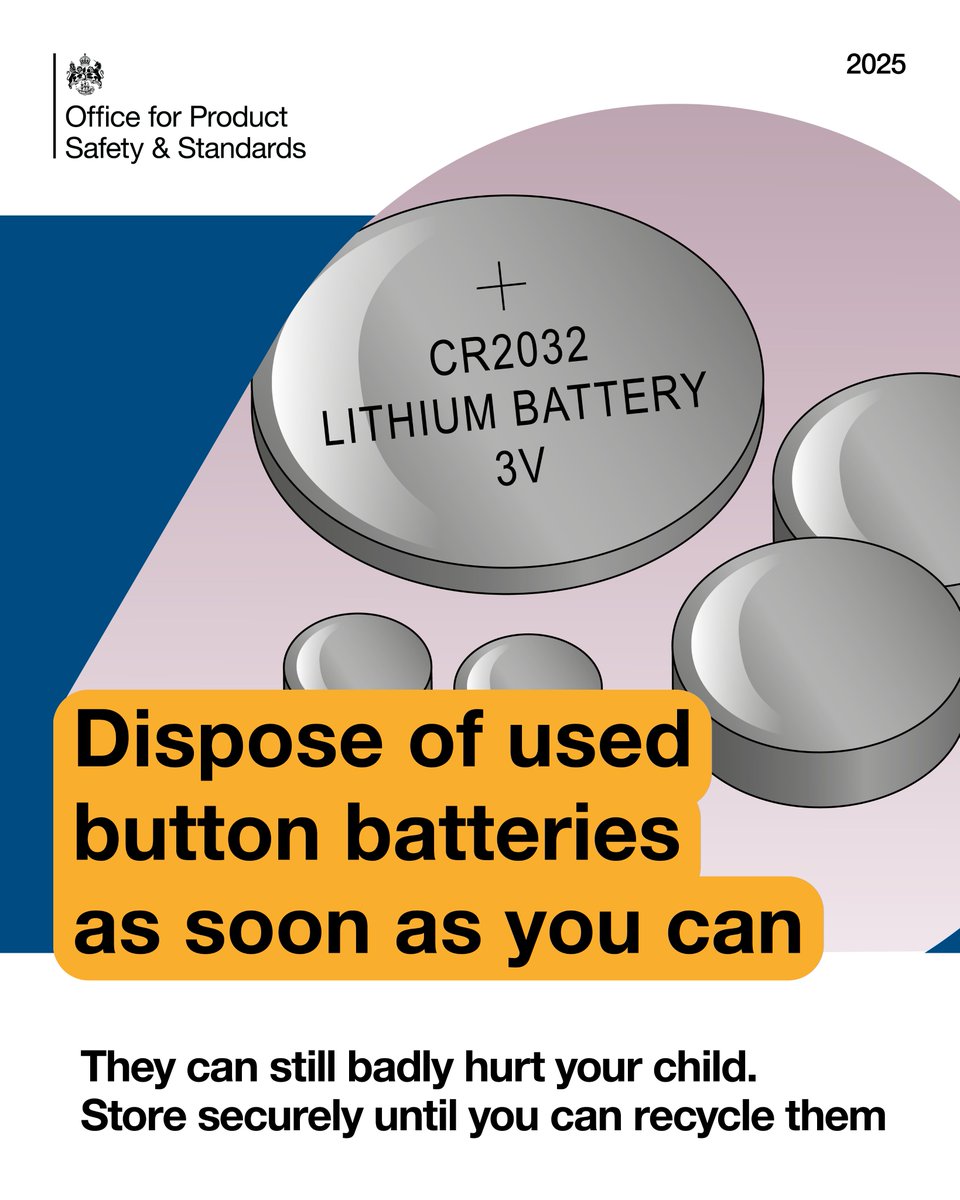 OfficeforSandS's tweet image. ⚠️Dispose of used button batteries as soon as you can.

🚨 They can still badly hurt your child.

🔒 Store securely until you can recycle them.

For more information visit: 
🔗 gov.uk/guidance/child…

#SmallHazardsBigHarm #ButtonBatterySafety