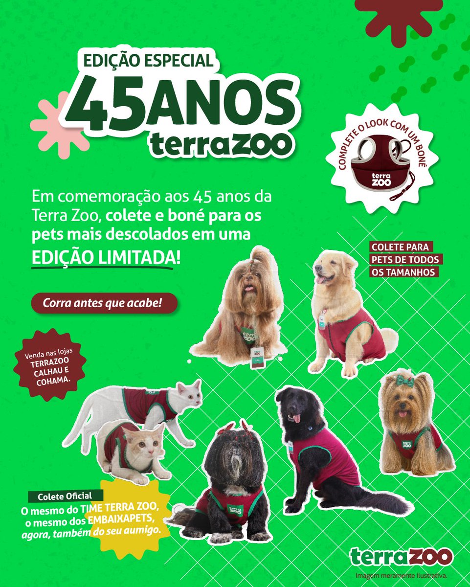 Terra_Zoo's tweet photo. 🚀😱 Lançou! É oficial: agora seu pet pode vestir o colete e o boné da Terra Zoo, edição limitada de 45 anos! 🎁🐶 O mesmo do time Terra Zoo e dos Embaixapets, perfeito pra Cãominhada (16/08). Hoje nas lojas Calhau e Cohama, em São Luís. 💚 https://t.co/4EIZbxWVQH