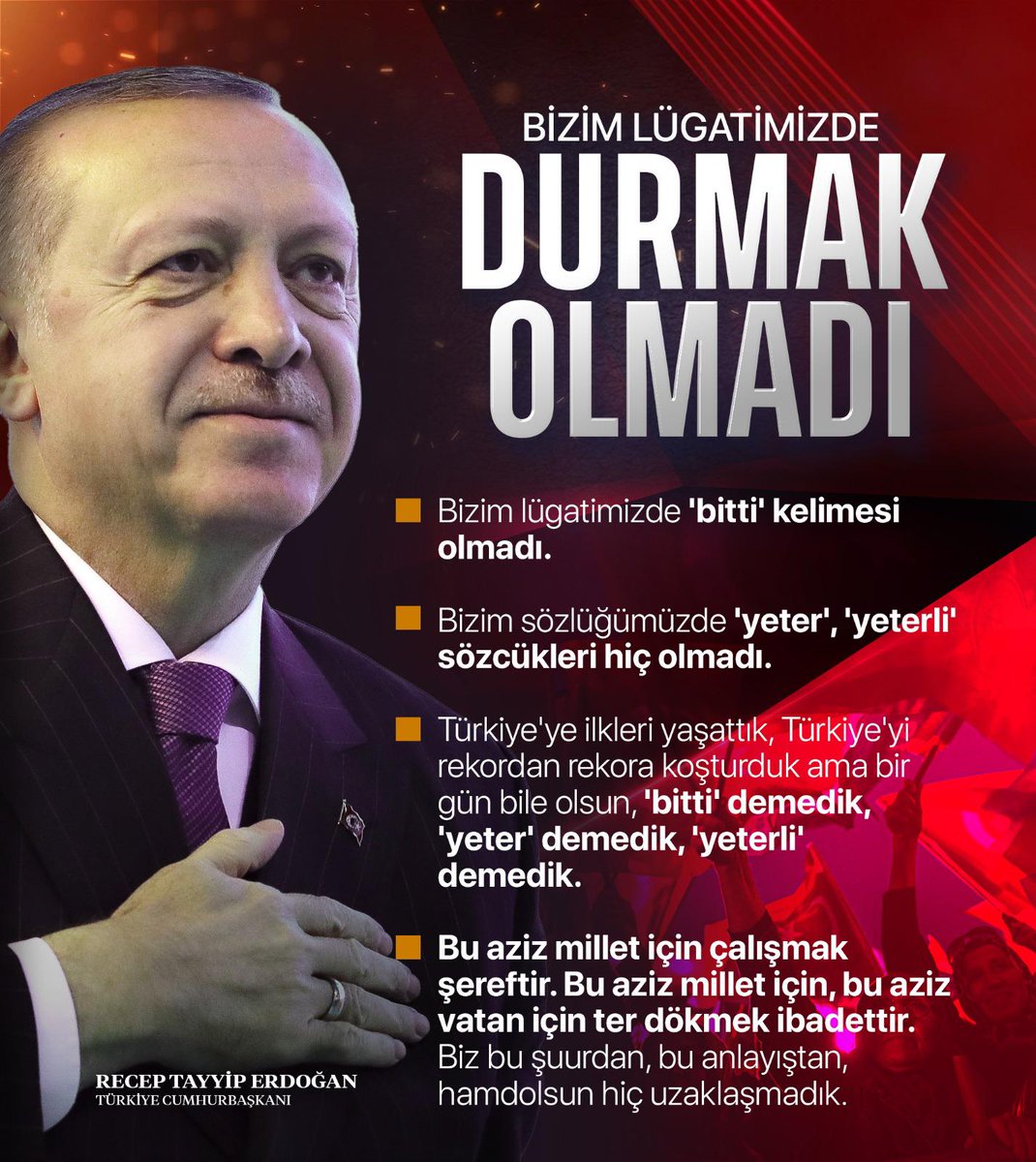 Cumhurbaşkanımız Recep Tayyip Erdoğan:

"Bu aziz millet için çalışmak şereftir. Bu aziz millet için, bu aziz vatan için ter dökmek ibadettir. Biz bu şuurdan, bu anlayıştan, hamdolsun hiç uzaklaşmadık."

#24YılınHikayesi