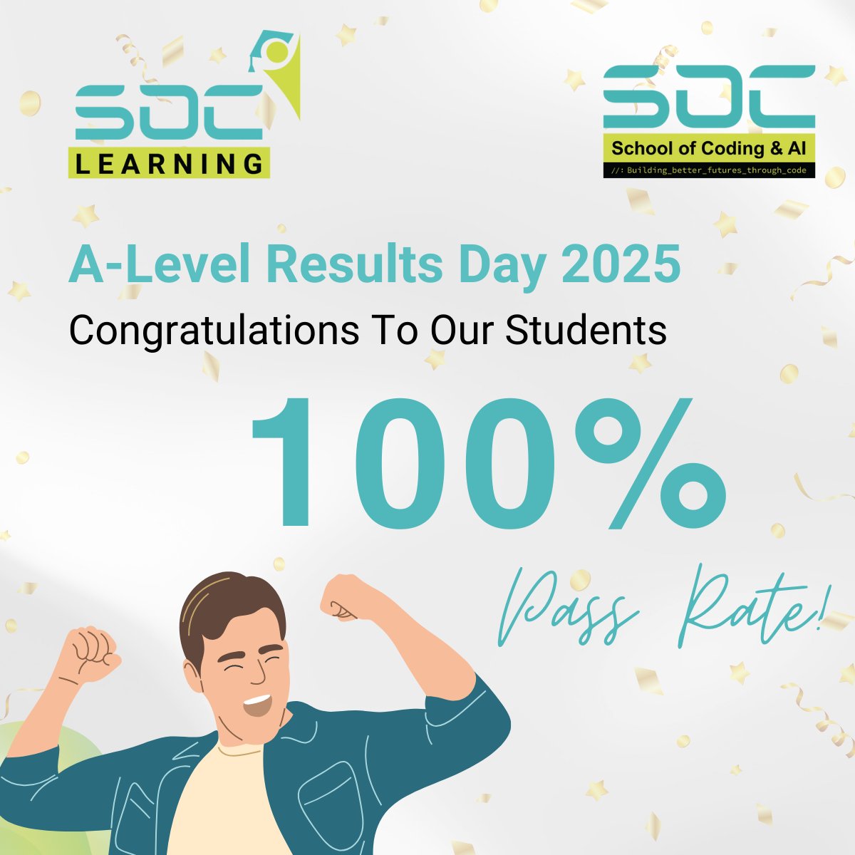 schoolofcoding's tweet image. 100% A-Level Pass Rate! 💯🎉

We’re proud to announce that our A-Level students have achieved a pass this year — a phenomenal 100% success rate!

#ALevels #StudentFirst #AlevelResults #Success