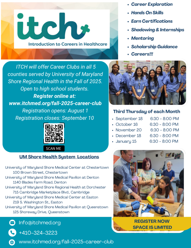 Explore your future in healthcare while building skills that can make a difference in the world. The Introduction to Careers in Healthcare (ITCH) Career Clubs start this fall for high school students. 

Register : itchmed.org/fall-2025-care…

#HealthcareCareers #Maryland
