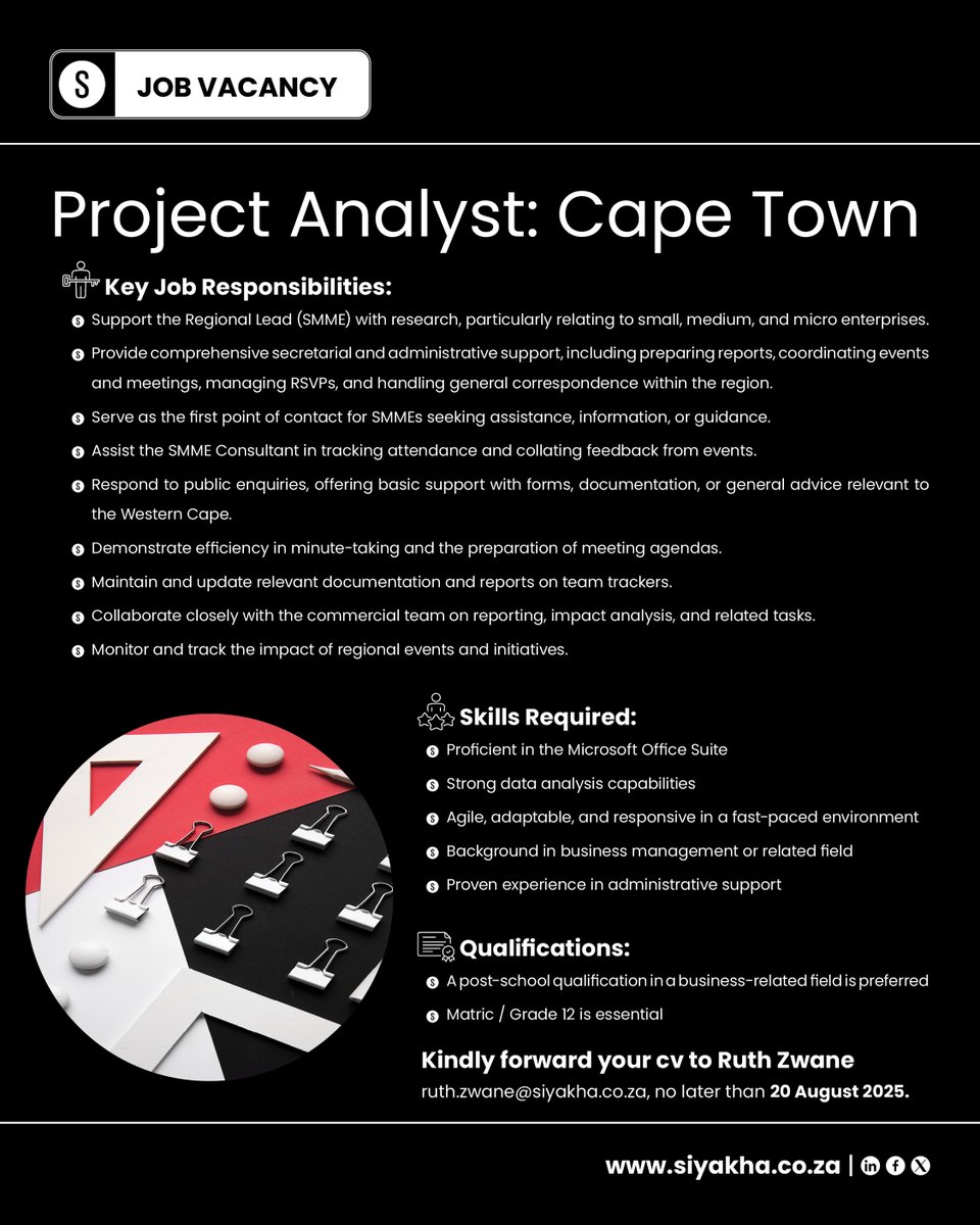 SiyakhaC's tweet photo. We’re hiring: Project Analyst Cape Town
 
Join Siyakha’s dynamic team. Apply by 20 Aug 2025. 
Email CVs to ruth.zwane@siyakha.co.za
 
#JobAlert #CapeTownJobs #ProjectAnalyst https://t.co/Kz7MJy5QRY