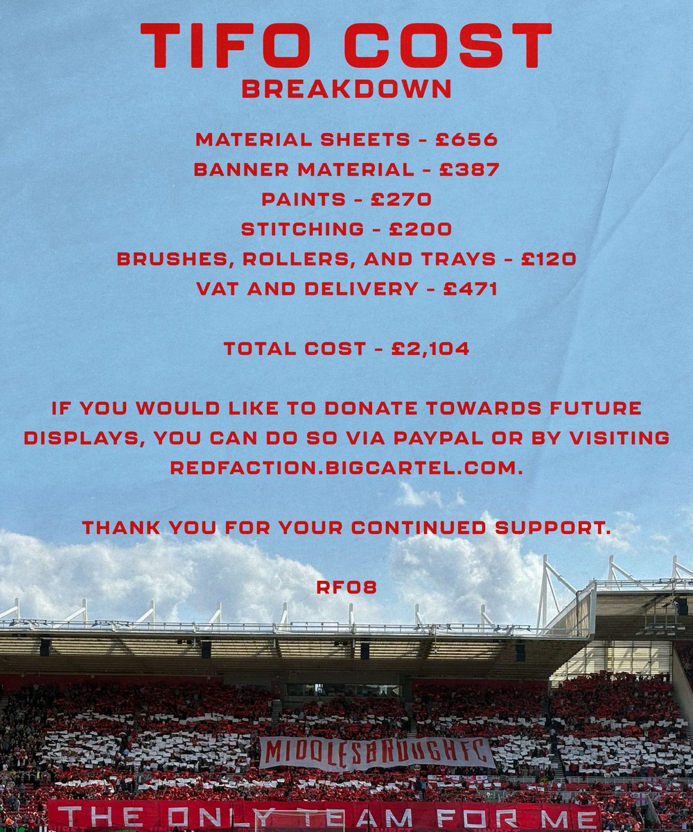 Red Faction (@rf08) on Twitter photo A breakdown of costs for the display vs Swansea. We are extremely thankful for all donations we receive from Boro fans, and without your support, these displays wouldn’t happen.
PayPal - redfaction08payments@gmail.com A breakdown of costs for the display vs Swansea. We are extremely thankful for all donations we receive from Boro fans, and without your support, these displays wouldn’t happen.
PayPal - redfaction08payments@gmail.com