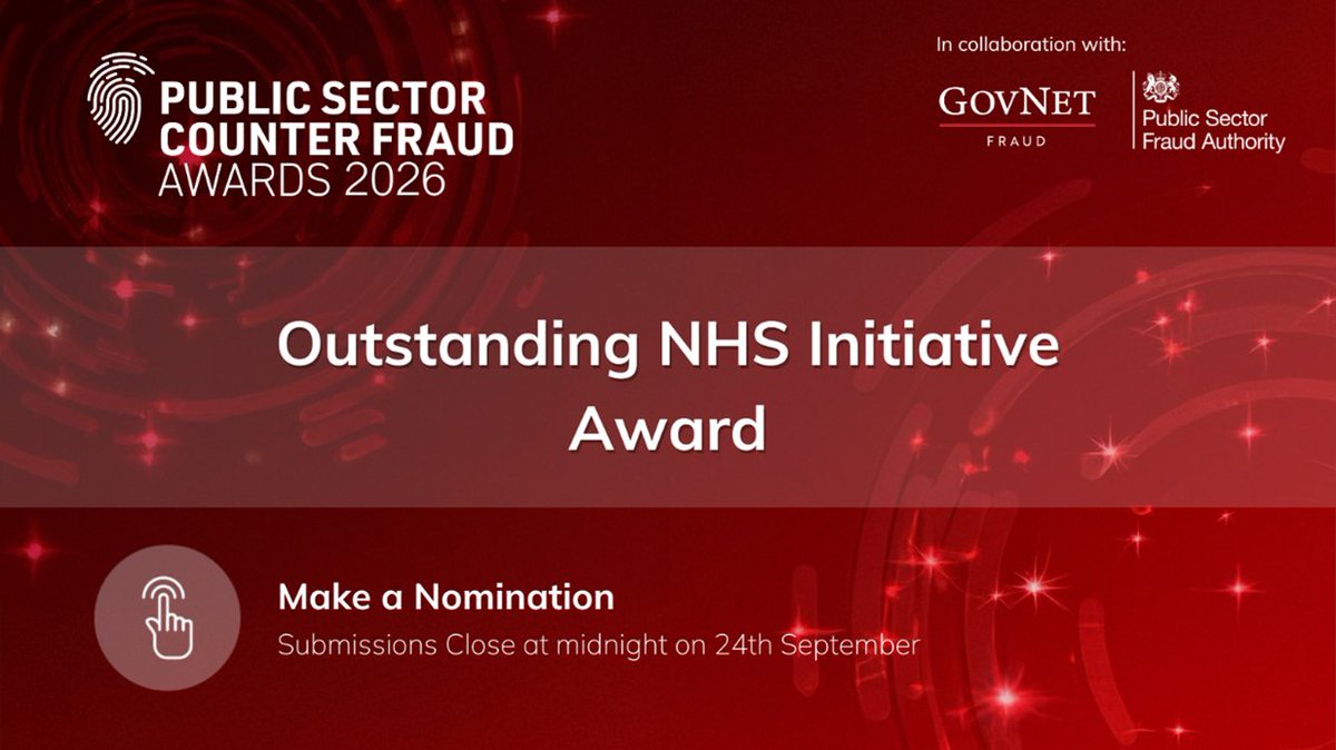 NHSCFA's tweet image. 🎉 Nominations are open for the Public Sector Counter Fraud Awards! 

We’re looking to celebrate the Outstanding NHS Initiative Award, recognising teams that have shown incredible innovation in preventing fraud in the NHS. 
 
🔗counterfraudconference.co.uk/awards 

#CounterFraud #Awards