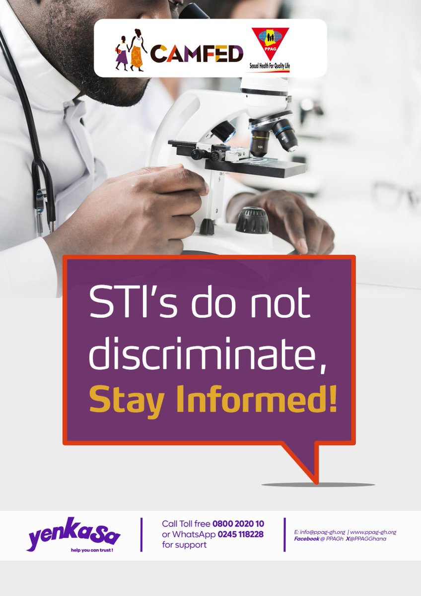 Planned Parenthood Association of Ghana (PPAG) (@ppagghana) on Twitter photo Just a reminder that Sexually Transmitted Infections (STIโs) knows no one and does not give preferences โผ๏ธAny form of sex has the possibility of contracting STIs.
Call <a href="/yenkasa_gh/">Yenkasa Gh</a> today for more information regarding STIs and STDs.
Stay Informed to protect yourself โบ๏ธ Just a reminder that Sexually Transmitted Infections (STIโs) knows no one and does not give preferences โผ๏ธAny form of sex has the possibility of contracting STIs.
Call <a href="/yenkasa_gh/">Yenkasa Gh</a> today for more information regarding STIs and STDs.
Stay Informed to protect yourself โบ๏ธ