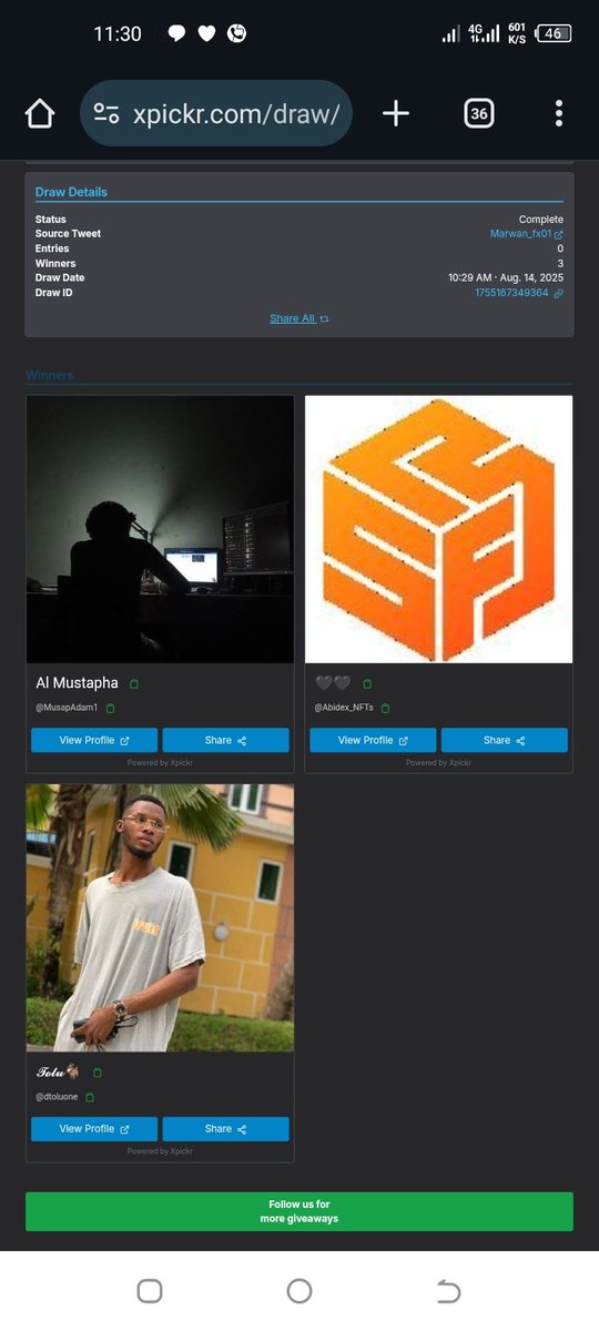 Congrats Xpickr - Built by <a href="/xpickr/">Xpicker2</a> - Winners
 @MusapAdam1 
<a href="/Abidex_NFTs/">🖤🖤</a>
 <a href="/dtoluone/">𝓣𝓸𝓵𝓾𓃵</a> xpickr.com/draw/175516734… #xpickr
<a href="/Get_Locksley/">Locksley</a> will DM you on how to issue your account