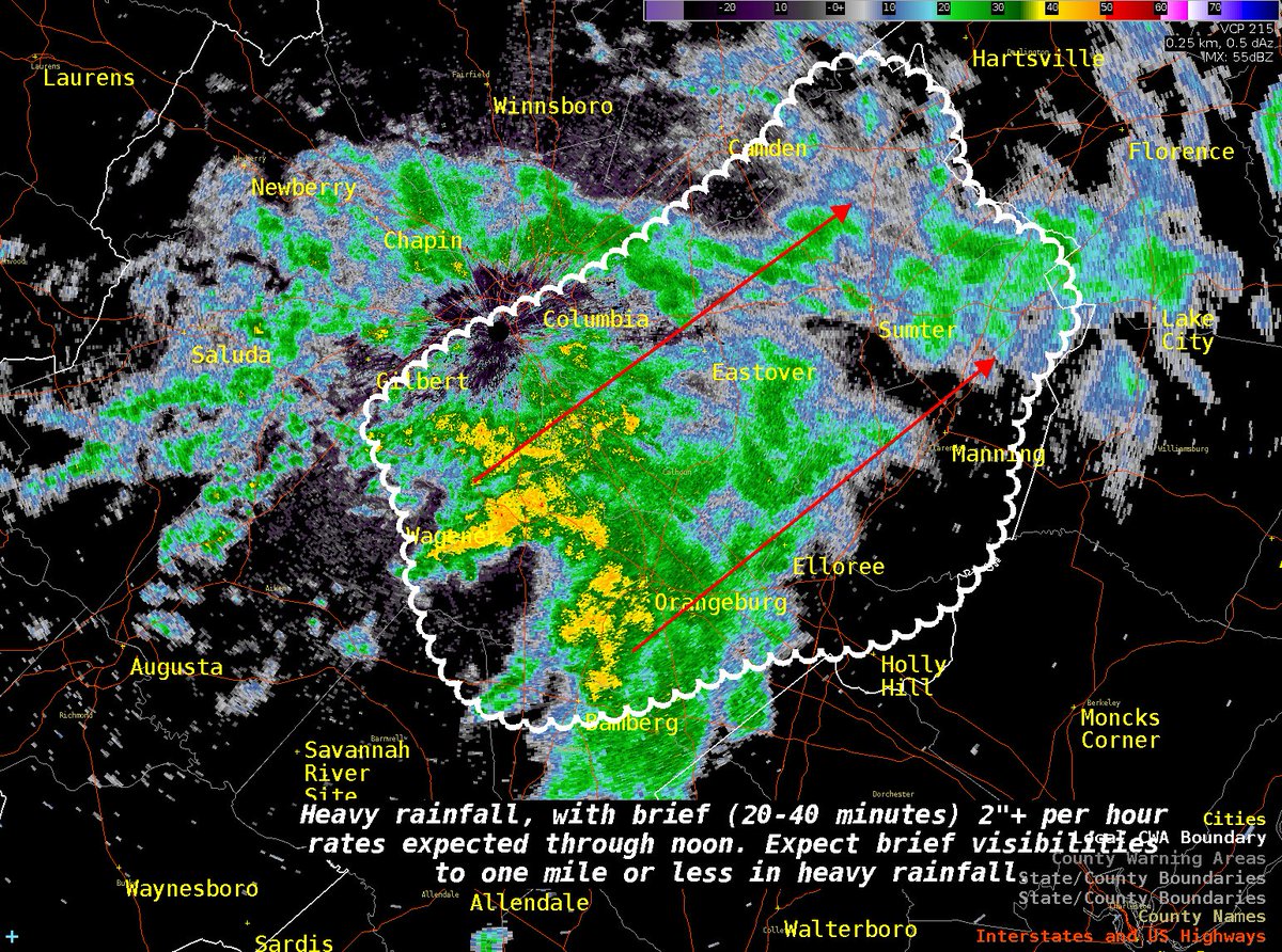 For those traveling along I26 or I20 this morning, especially east of Columbia, brief but very heavy rain rates are expected with this batch of rainfall. Expect rain rates as high as 2" per hour, visibilities as low as 1/2 mile, and ponding on roadways. #scwx