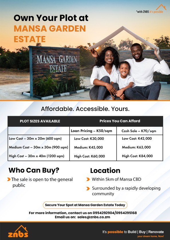 ZNBSofficial's tweet photo. Secure Your Future Home at Mansa Garden Estate!
The Zambia National Building Society presents Mansa Garden Estate, a premier residential development strategically located in Chabalamuwe, Mansa. https://t.co/PBGiLvRTEr