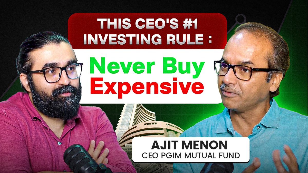 This CEO’s #1 investing rule:
🛑 Never buy anything expensive.
<a href="/AMajitmenon/">Ajit Menon</a> , CEO of PGIM Mutual Fund, explained on my ThisorThat podcast why this applies to stocks, bonds, gold, real estate — everything.

Full conversation here 🎥 : youtube.com/watch?v=ukI6xD…

#Investing